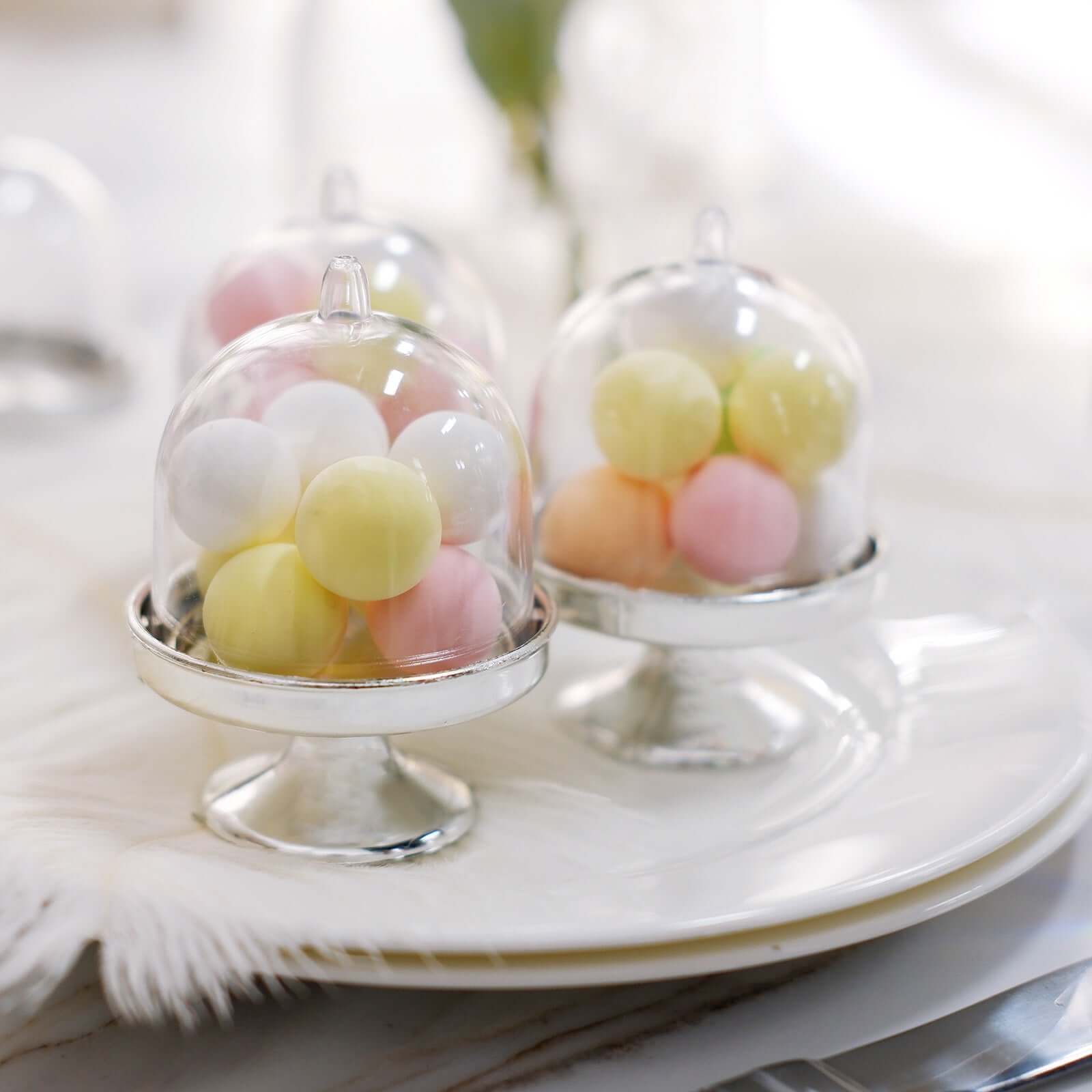 12-Pack Fillable Mini Pedestal Candy Container Clear/Silver - Stylish Candy Treat Favor Containers with Dome Lid 3"