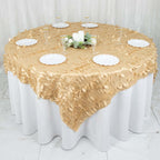 Taffeta 72"x72" Table Overlay Square Tablecloth Champagne - 3D Leaf Petal Table Cover