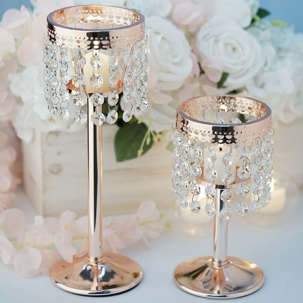Crystal Beaded Chandelier Metal Candle Holder Rose Gold - Sophisticated Pillar Tealight Stand 12"