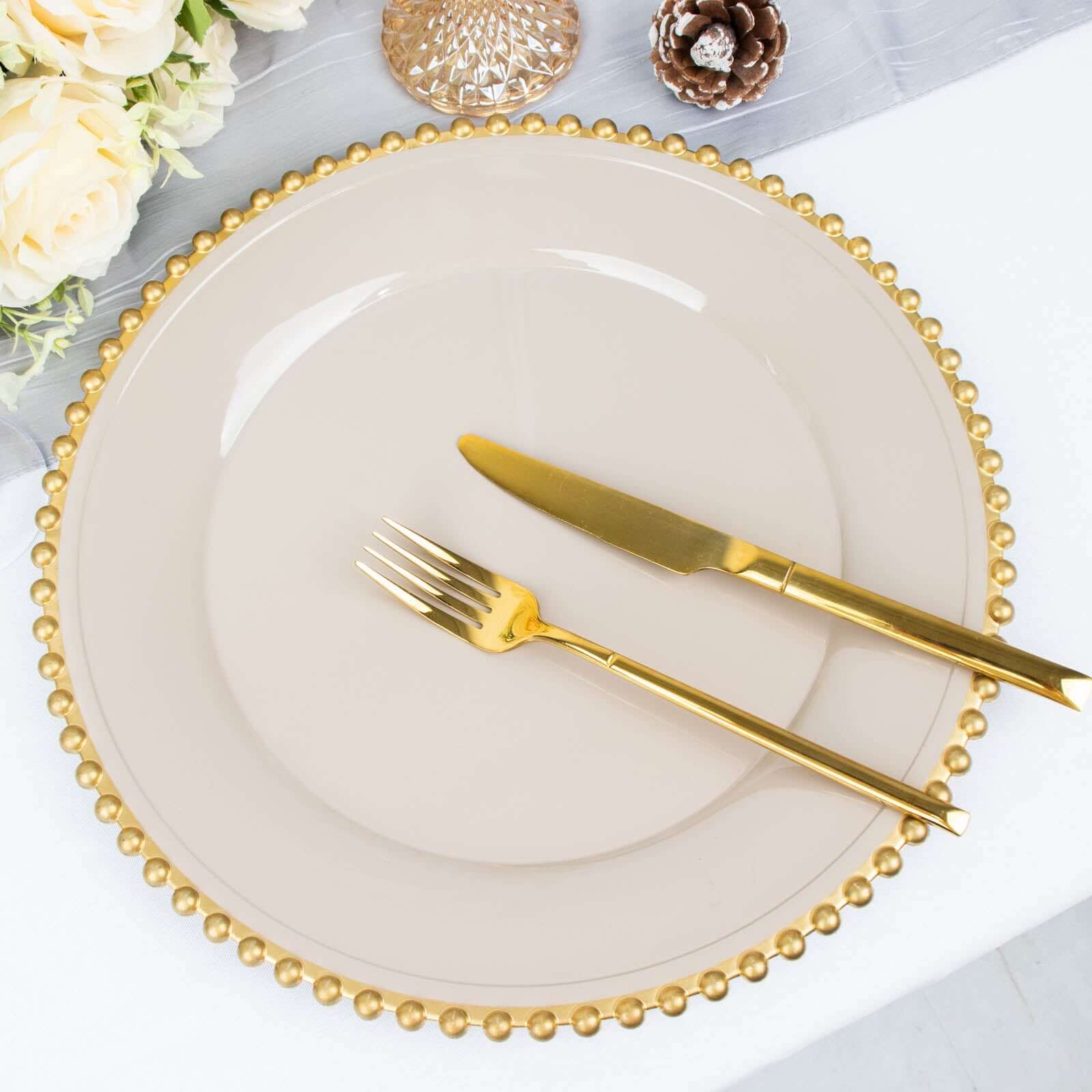 6-Pack Acrylic Round Charger Plates 13" in Taupe with Gold Beaded Rim, Decorative Dinner Party Charger Tableware