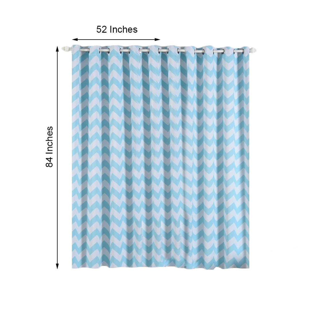2 Pack White Light Blue Chevron Design Thermal Blackout Curtains With Chrome Grommet Window Treatment Panels - 52"x84"