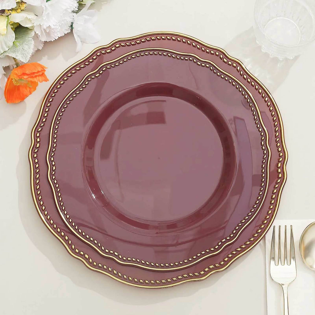 10-Pack Plastic Dinner Plates in Cinnamon Rose with Gold Scalloped Rim - Disposable Party Plates 9"
