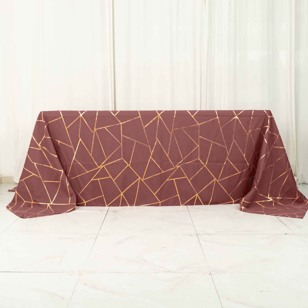 Polyester 60"x132" Rectangle Tablecloth Cinnamon Rose with Gold Foil Geometric Pattern - Wrinkle-Resistant and Durable Table Cover for Weddings & Events