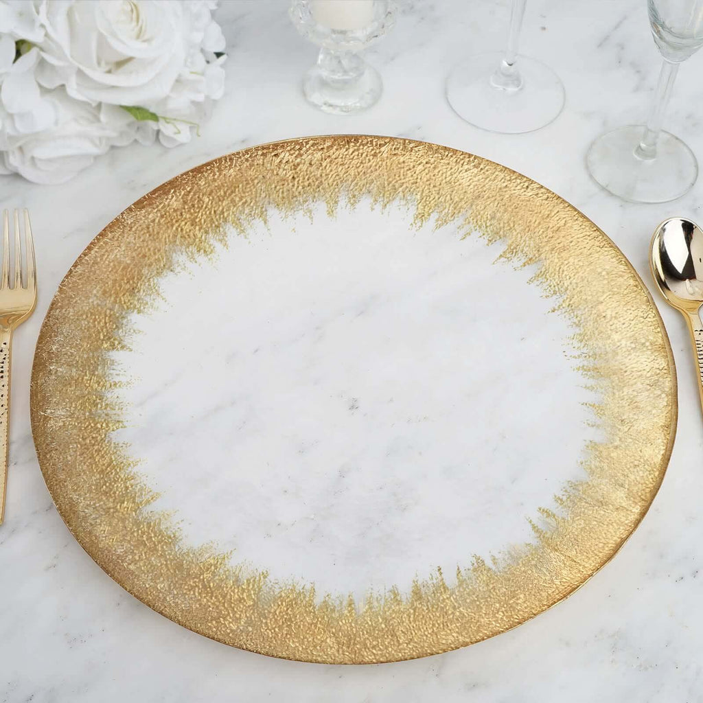 8-Pack Glass Round Charger Plates 13" in Clear with Metallic Gold Spray Rim, Decorative Dinner Charger Tableware