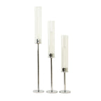 Set of 3 Tall Silver Metal Taper Candlestick Holders, Clear Glass Hurricane Candle Stands With Chimney Candle Shades 16", 20", 24"