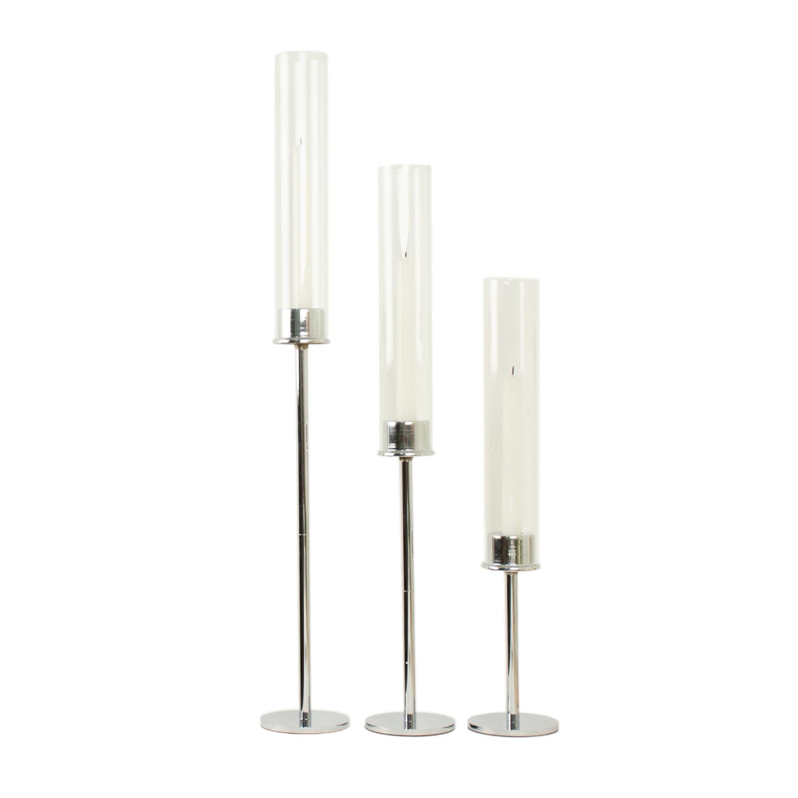 Set of 3 Tall Silver Metal Taper Candlestick Holders, Clear Glass Hurricane Candle Stands With Chimney Candle Shades 16", 20", 24"