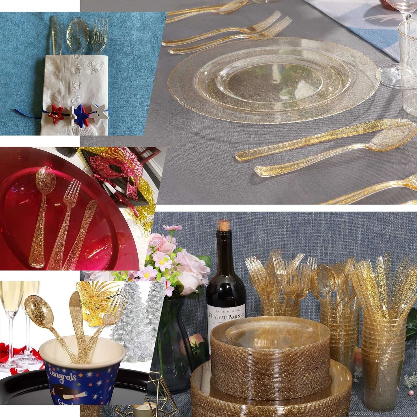 25-Pack Plastic Knives Clear Gold Glitter Classic Heavy Duty - Decorative Disposable Cutlery 7"