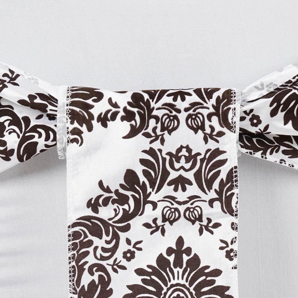 5 Pack Taffeta Damask Chair Sashes White with Chocolate Flocking Design 6"x108"