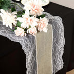 Faux Burlap Jute 16"x108" Table Runner Taupe With White Lace Edging - Rustic Farmhouse Table Linen