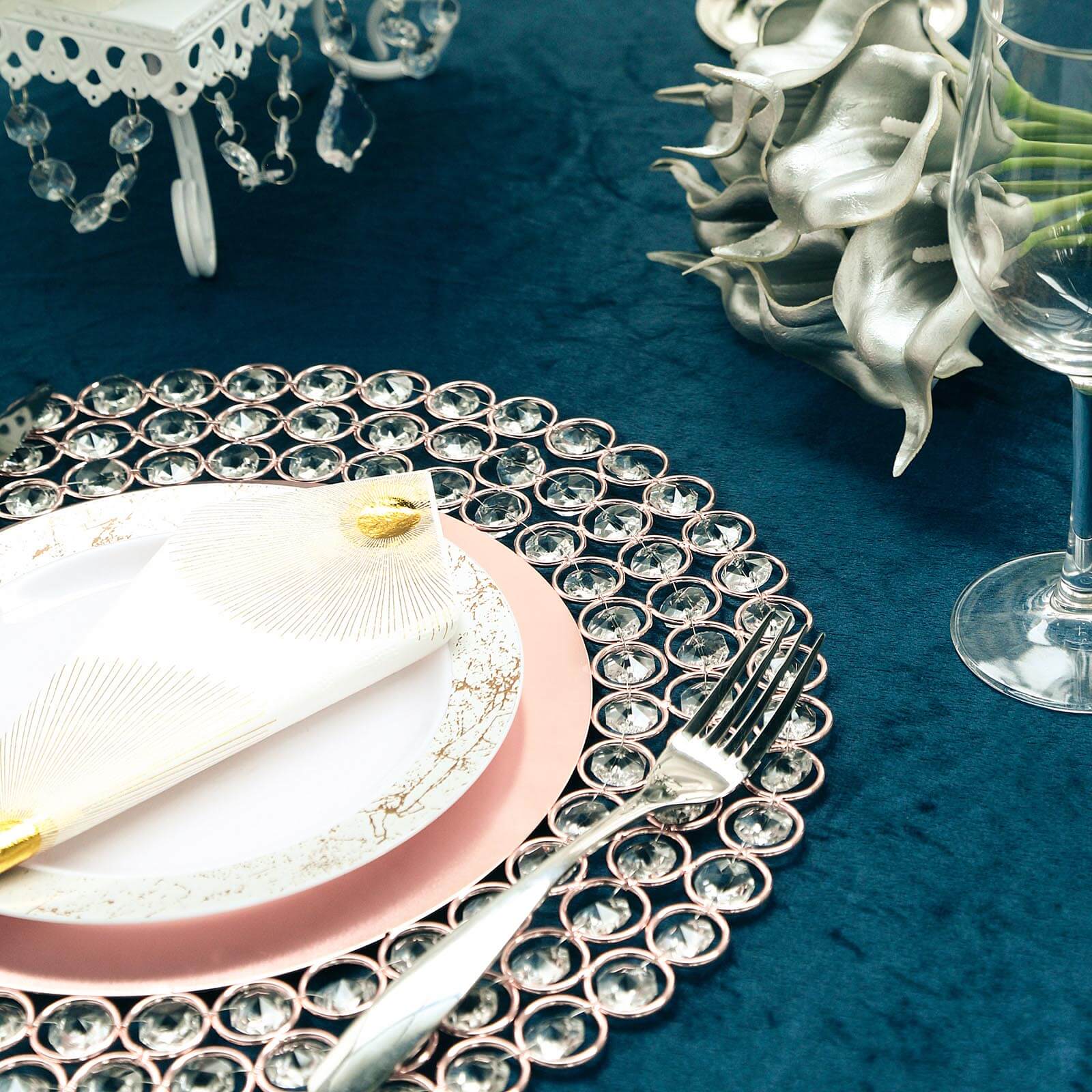 Wired Metal Round Charger Plate 14" in Rose Gold with Acrylic Crystal Beads, Glamorous Decorative Dinner Charger Tableware