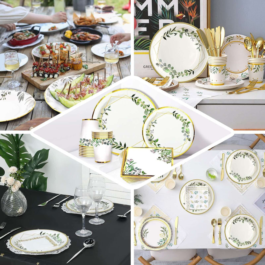 24-Pack Paper 9" Round Dinner Plates in White with Eucalyptus Leaves & Gold Rim - Disposable 300GSM Party Plates for Modern & Nature-Inspired Events