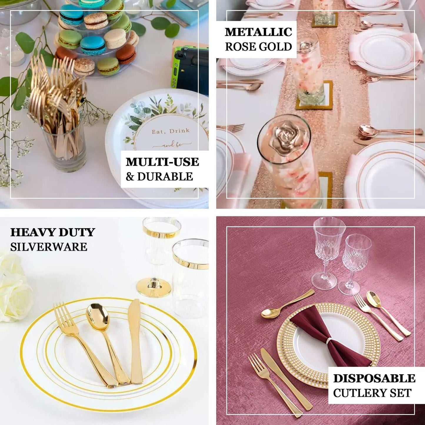 30-Pack Plastic Utensil Set Metallic Rose Gold Classic Heavy Duty - Durable Disposable Silverware Set 7", 8"