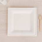 50-Pack Bagasse 10" Square Dinner Plates in White with Wide Rim - Eco Friendly Biodegradable Sugarcane Party Plates for Events