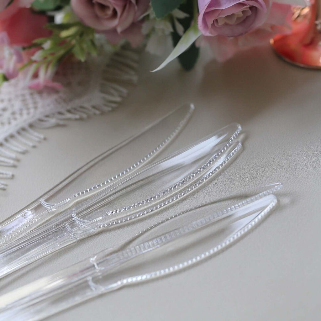 25-Pack Plastic Knives Clear Heavy Duty with Fluted Handles - Durable Disposable Utensils 7"