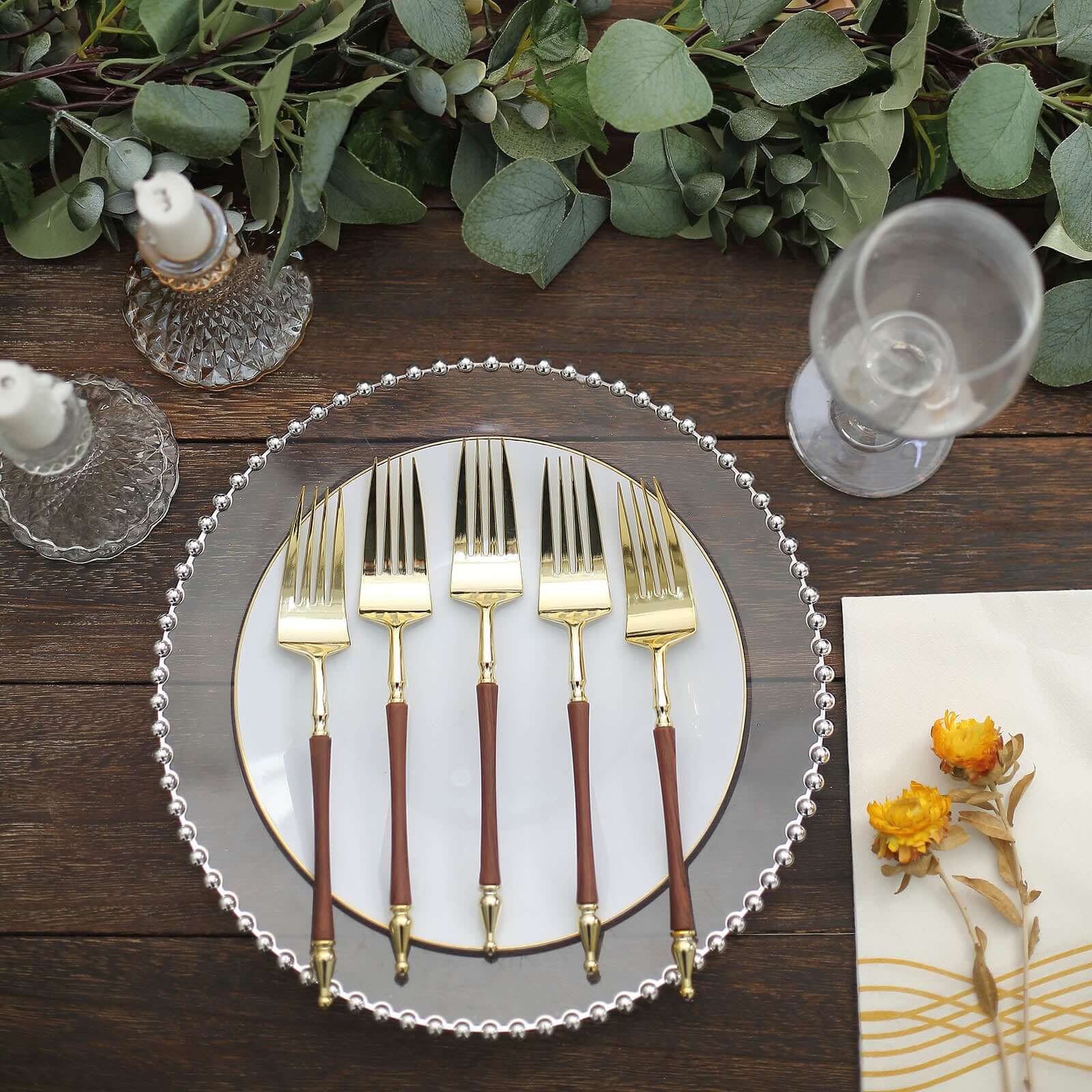 24-Pack Plastic Forks with Roman Column Handle Gold/Brown - European Style Disposable Utensils 8"