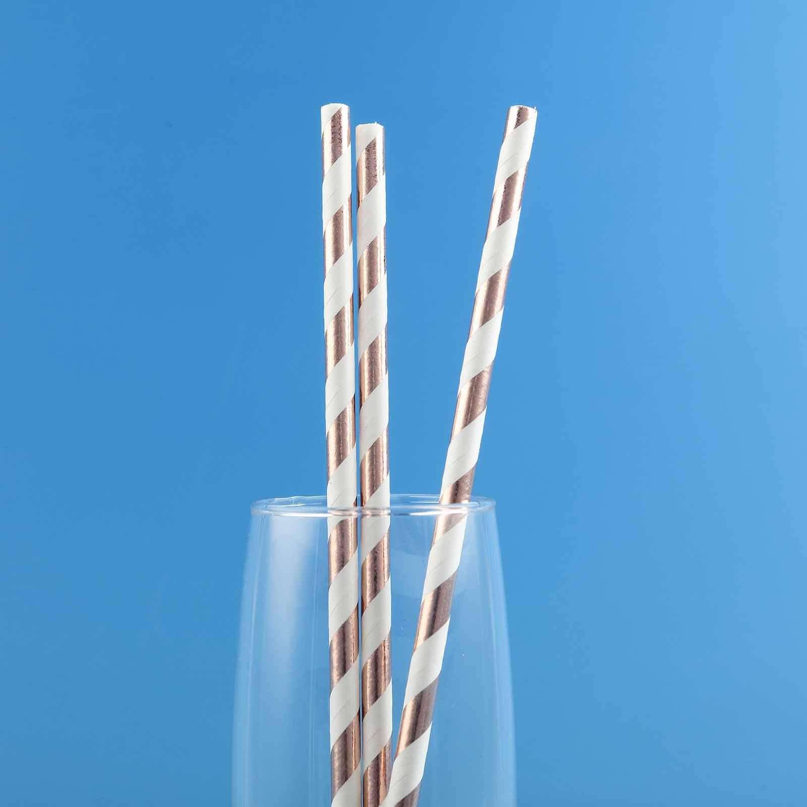 25-Pack Paper Straws White/Rose Gold Striped - Stylish Disposable Straws for Drinks 8"