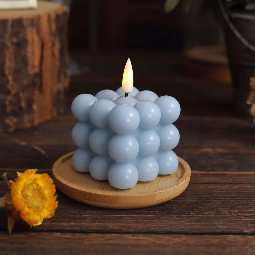 2-Pack LED Flameless Cube Candles Flickering Warm White Dusty Blue - Battery Operated Bubble Design 2"