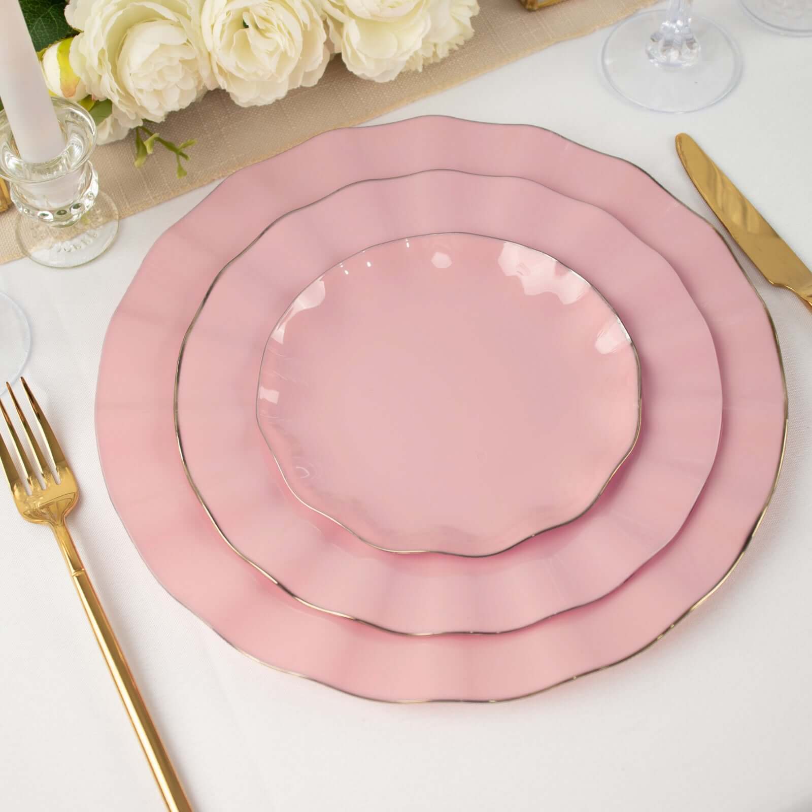 10-Pack Plastic 11" Round Dinner Plates in Dusty Rose Ruffled Rim with Gold Edging - Sturdy Disposable Dinnerware