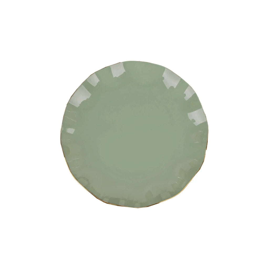 10-Pack Plastic Round 6" Dessert Plates in Dusty Sage Green Ruffled Rim with Gold Edging - Sturdy Disposable Salad Appetizer Dinnerware