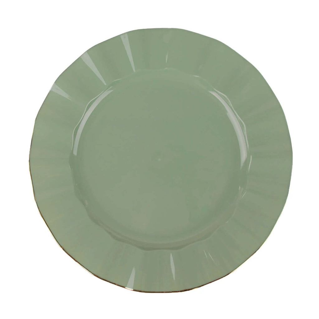 10-Pack Plastic 11" Round Dinner Plates in Dusty Sage Green Ruffled Rim with Gold Edging - Sturdy Disposable Dinnerware