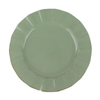 10-Pack Plastic 11" Round Dinner Plates in Dusty Sage Green Ruffled Rim with Gold Edging - Sturdy Disposable Dinnerware