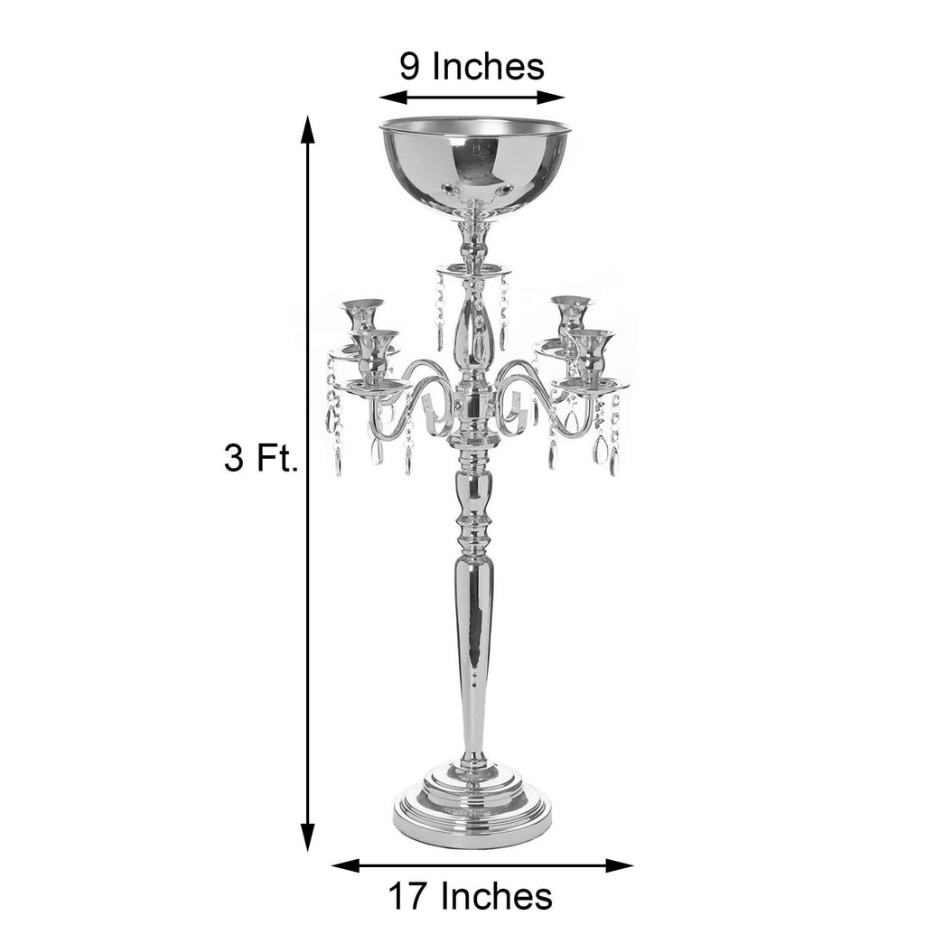 Metal Candelabra 4 Arm Design Silver with Flower Vase Bowl - Table Centerpiece for Weddings 33"
