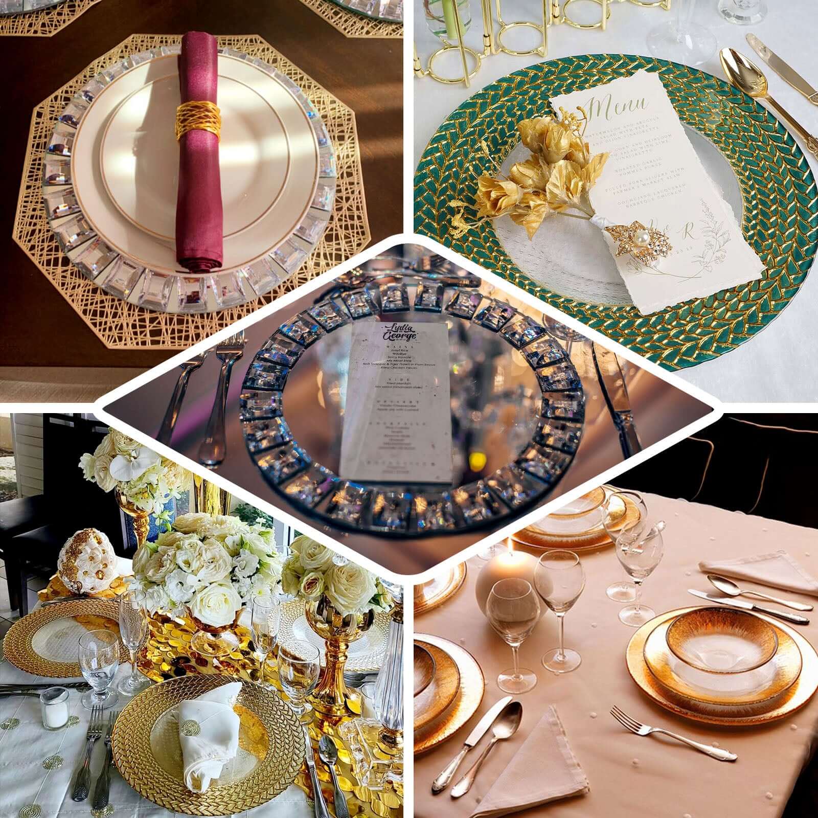 2-Pack Mirror Glass Round Charger Plates 13" with Metallic Gold Mirror Rhinestone Rim, Dazzling Decorative Chargers