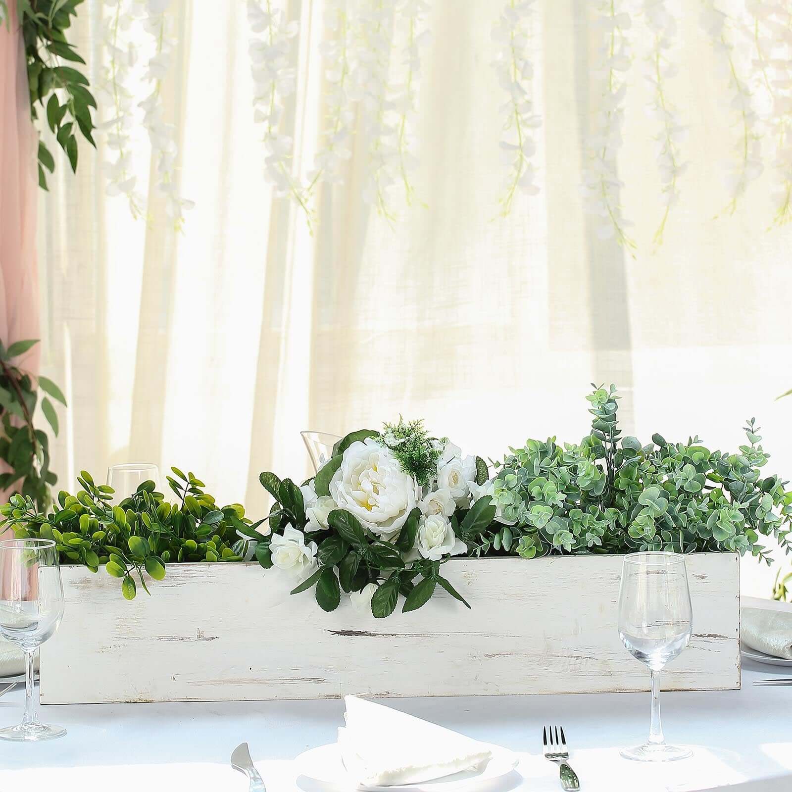 White Wood Planter Rectangular Box 30"x6"- Durable Decor with Removable Plastic Liner for Tables