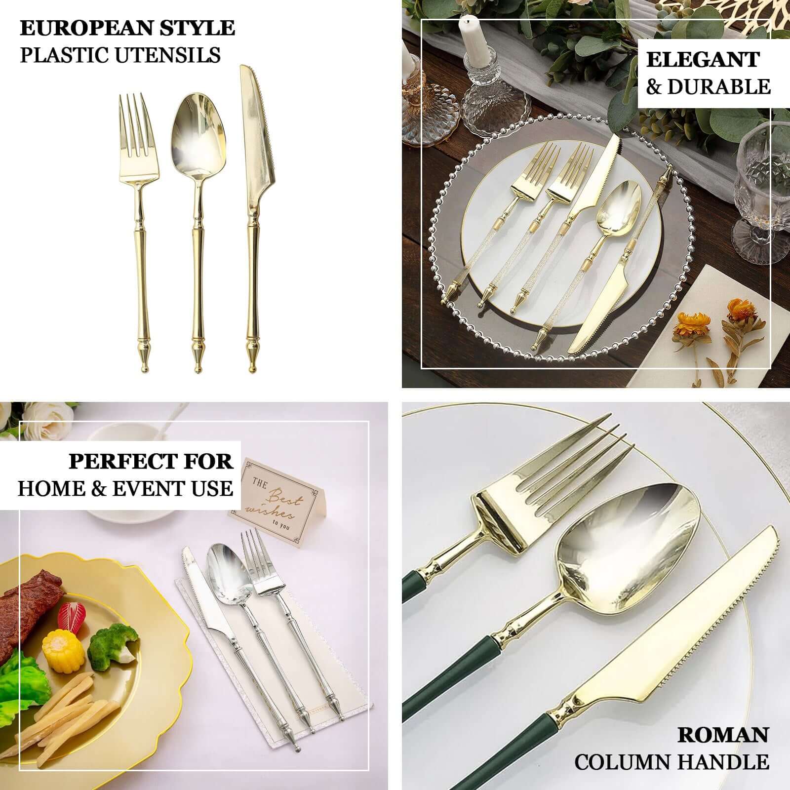 24-Pack Plastic Dessert Forks with Roman Column Handle Gold/Brown - European Style Disposable Utensils 6"