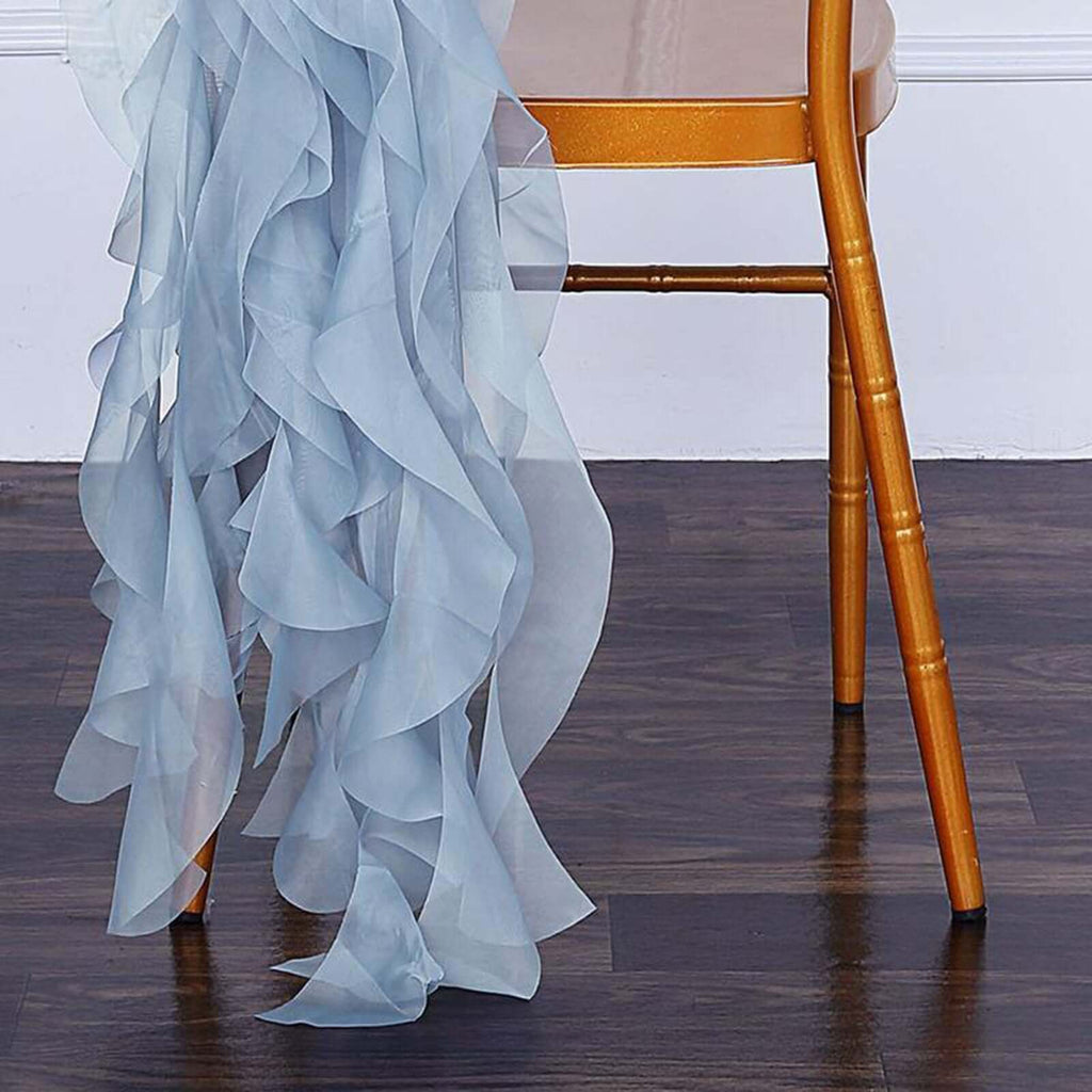 1 Set Chiffon Hoods Chair Sashes with Willow Ruffles Design Dusty Blue - Stylish Chair Bow Decor