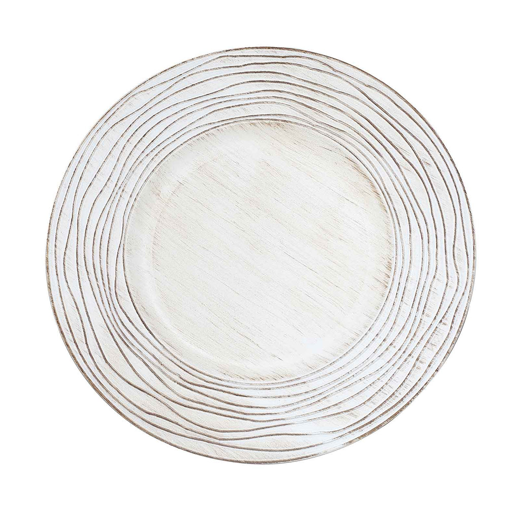 6-Pack Faux Wood Round Charger Plates 13" White Washed with Rose Embossed Rim, Disposable Plastic Charger Tableware
