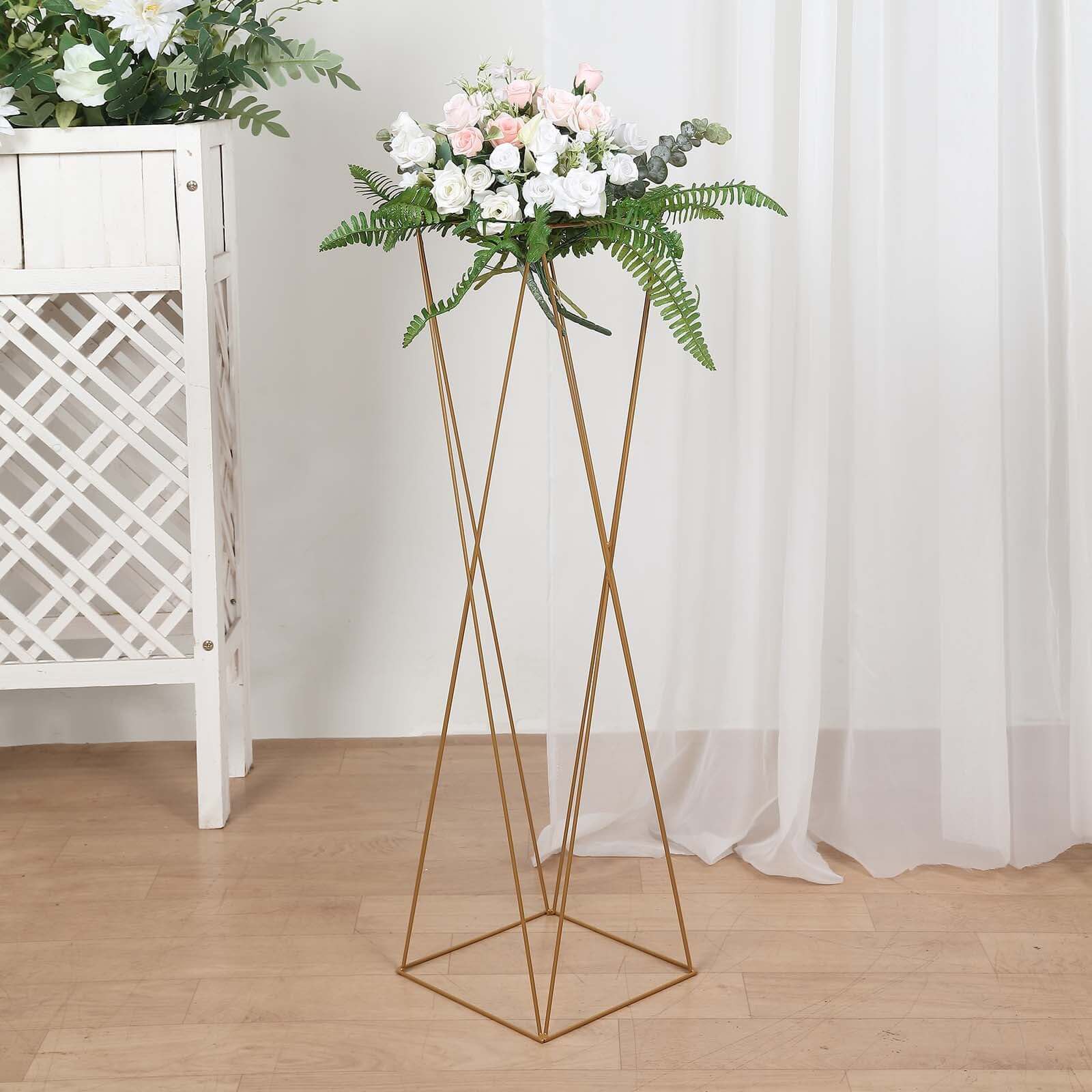 2-Pack Wedding Centerpieces Metal Geometric Crisscross Design Gold - Open Column Pedestal Stands 32"