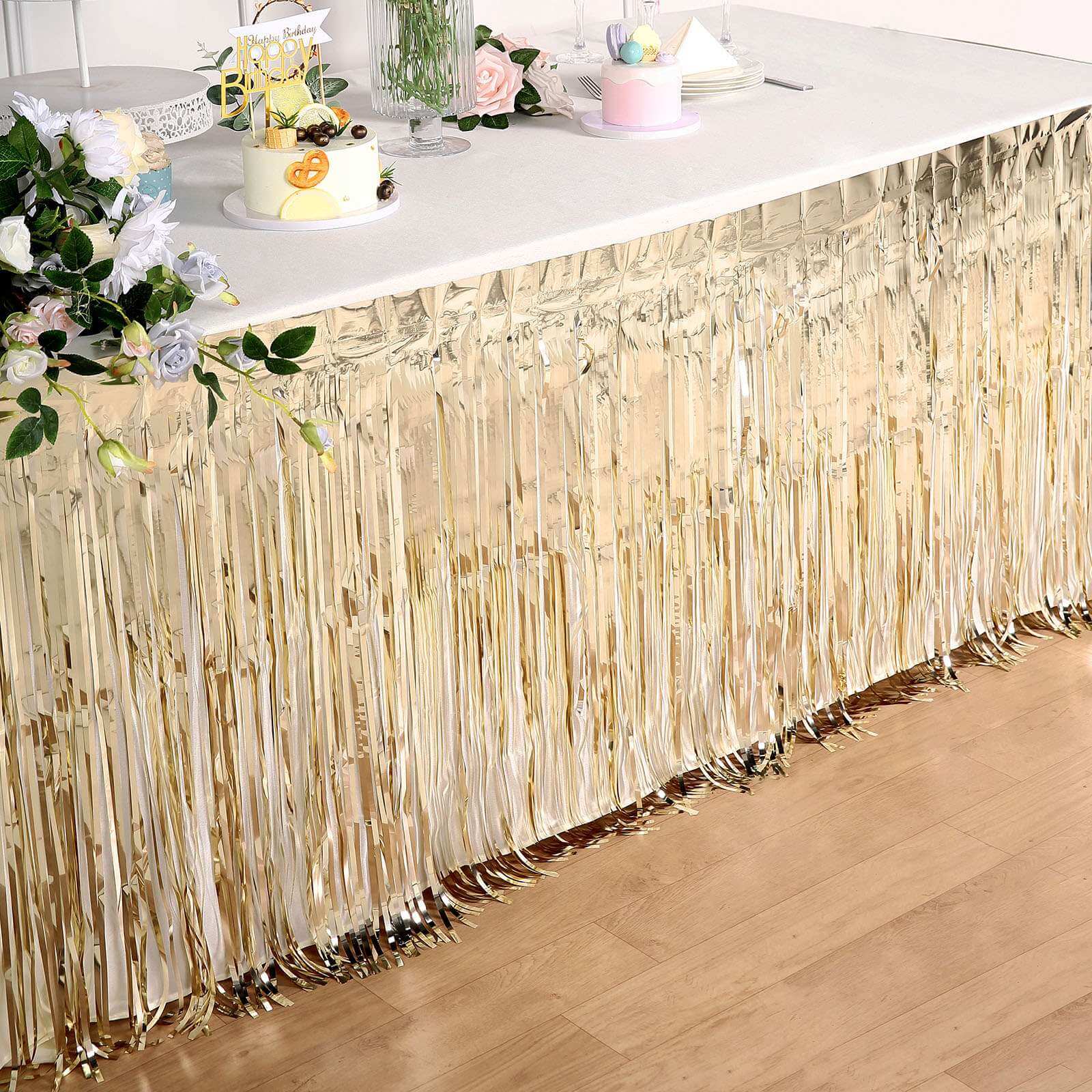 Metallic Foil Fringe Table Skirt Champagne with Self Adhesive Backing - Durable Tinsel Skirt for Parties 30"x9ft