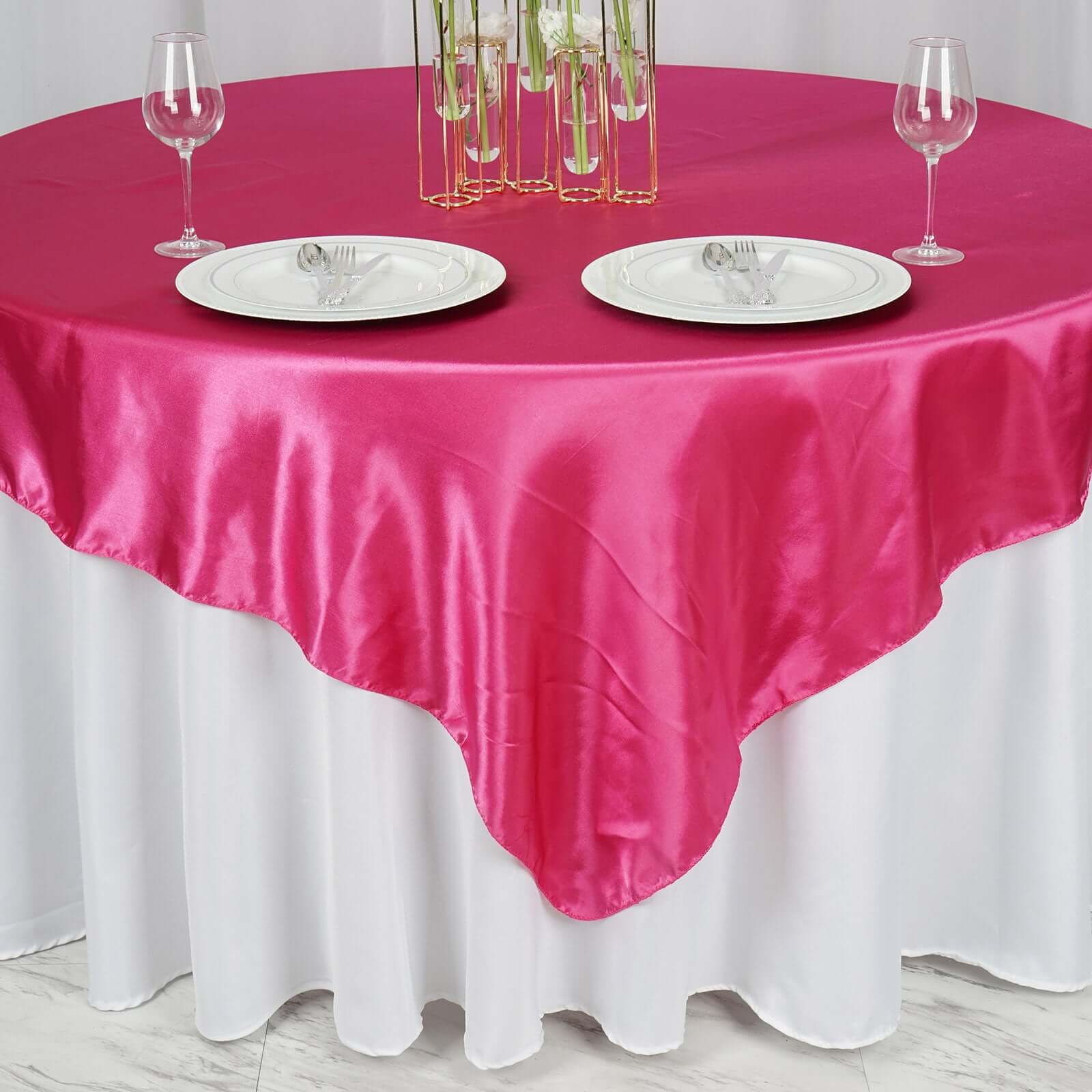 Satin 72"x72" Table Overlay Square Tablecloth Fuchsia - Smooth Finish Table Cover