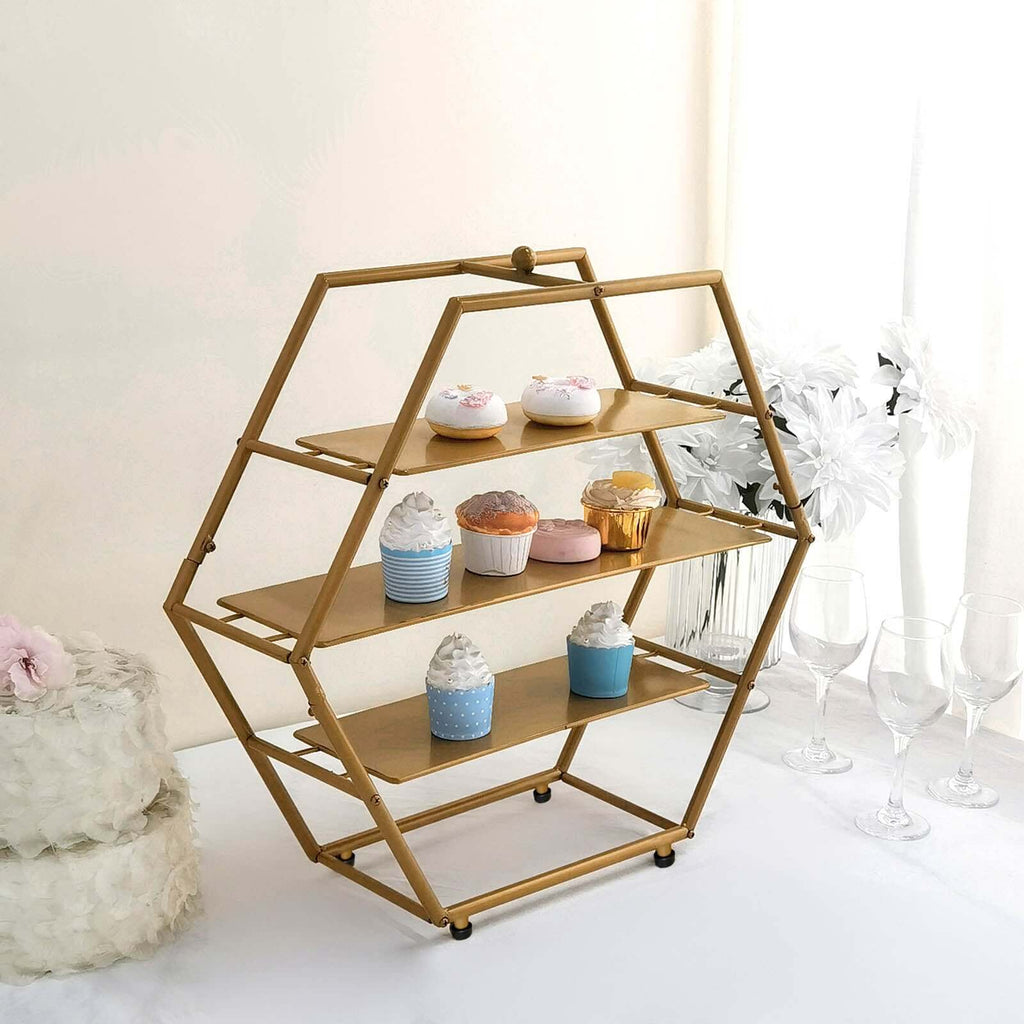 3-Tier Metal Hexagon Cupcake Stand Matte Gold - Stylish Geometric Dessert Holder Appetizer Display for Modern Weddings Dessert Buffets & Celebrations 21"