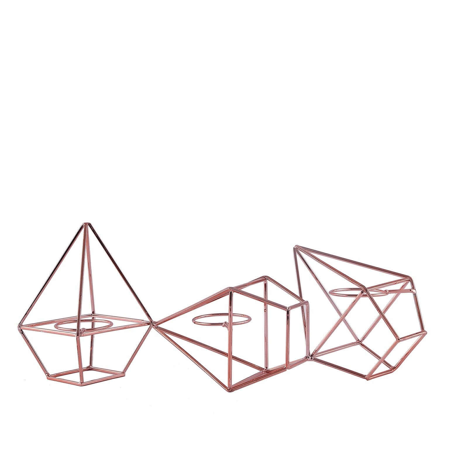 Set of Metal Candle Holders Linked Geometric Design Rose Gold - Modern Votive Glass Decor for Tables & Gatherings 16"