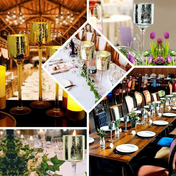 Set of 3 Glass Cylinder Vases Long Stem Gold - Decorative Candle Holder Floral Centerpieces 12", 14", 16"