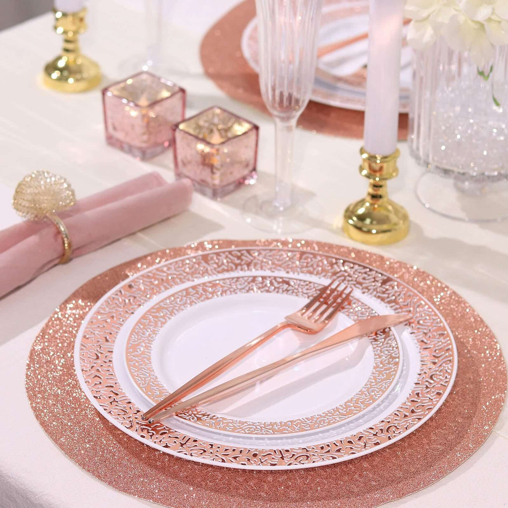 6-Pack Placemats Glitter Design Rose Gold Sparkle Round - Non-Slip Decorative Dining Table Mats 13"