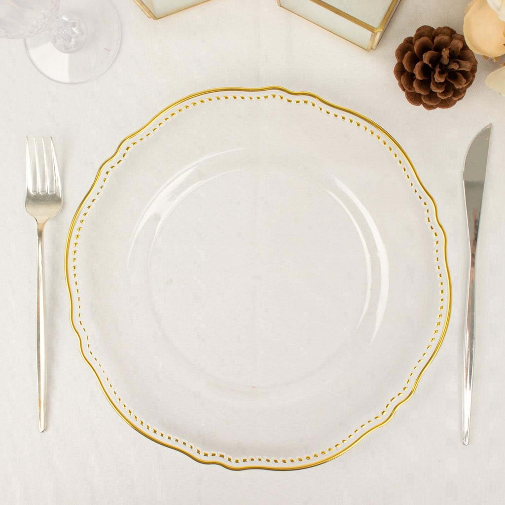 10-Pack Plastic 10" Dinner Plates in Clear with Gold Scalloped Rim - Disposable Large Party Plates