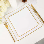 10-Pack Plastic 8" Square Dessert Plates in White Concave Style with Gold Rim - Modern Disposable Salad Appetizer Party Plates for Weddings & Special Events