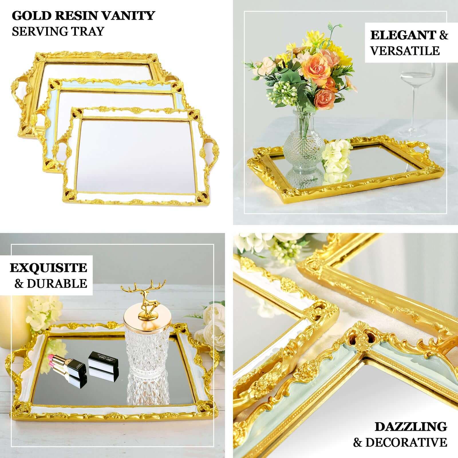 Resin Mirrored Rectangle Serving Tray 15"x10" in White with Gold Baroque Design, Stylish Decorative Vanity Tray Centerpiece