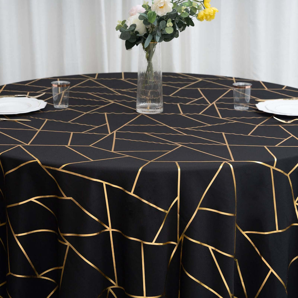Polyester 120" Round Tablecloth Black with Gold Foil Geometric Pattern Wrinkle-Resistant Seamless Table Cover