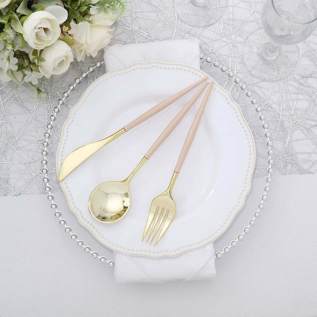 24-Pack Plastic Flatware Set in Metallic Gold with Beige Handle - Heavy Duty Disposable Modern Silverware 8"