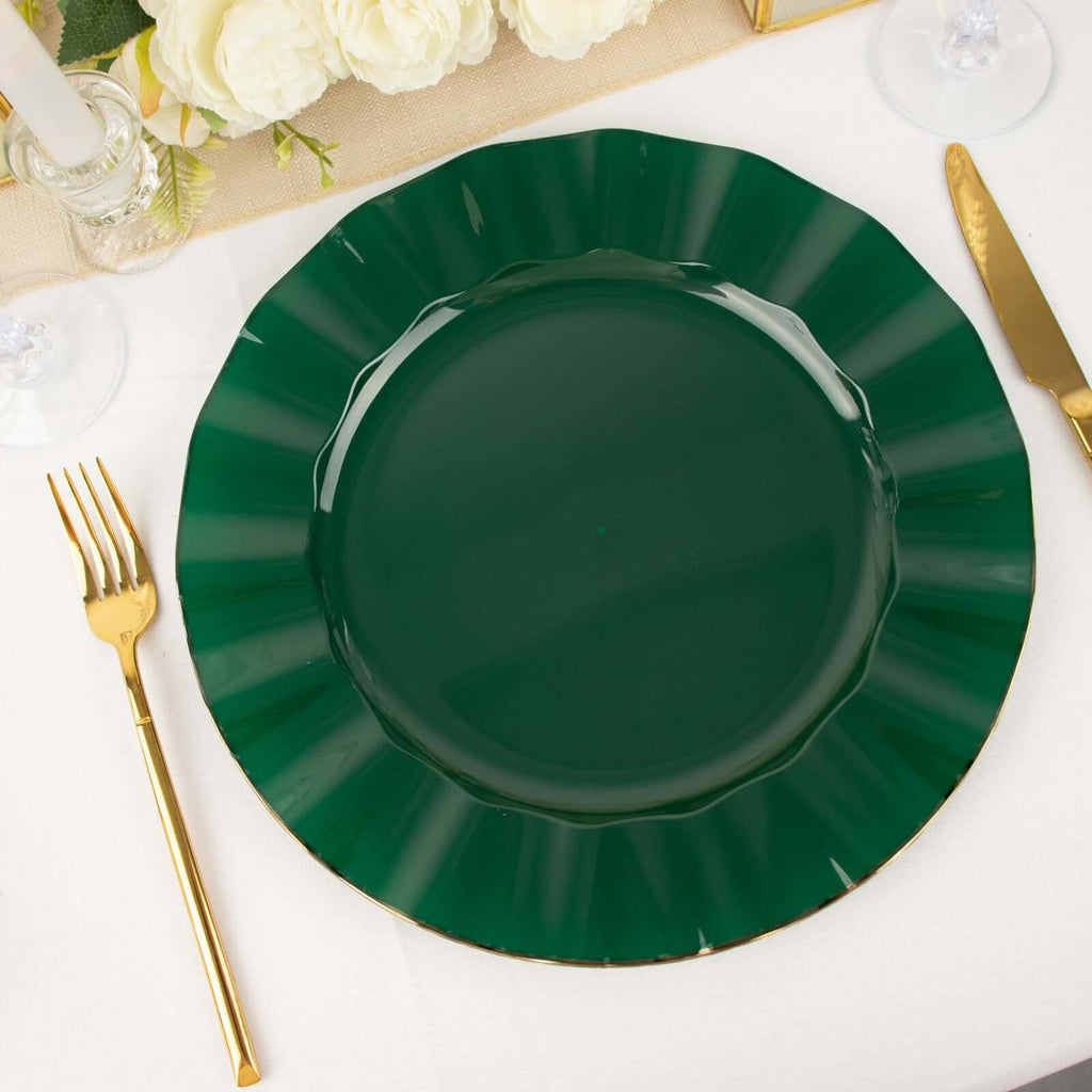 10-Pack Plastic 11" Round Dinner Plates in Hunter Emerald Green Ruffled Rim with Gold Edging - Sturdy Disposable Dinnerware