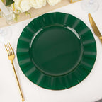 10-Pack Plastic 11" Round Dinner Plates in Hunter Emerald Green Ruffled Rim with Gold Edging - Sturdy Disposable Dinnerware