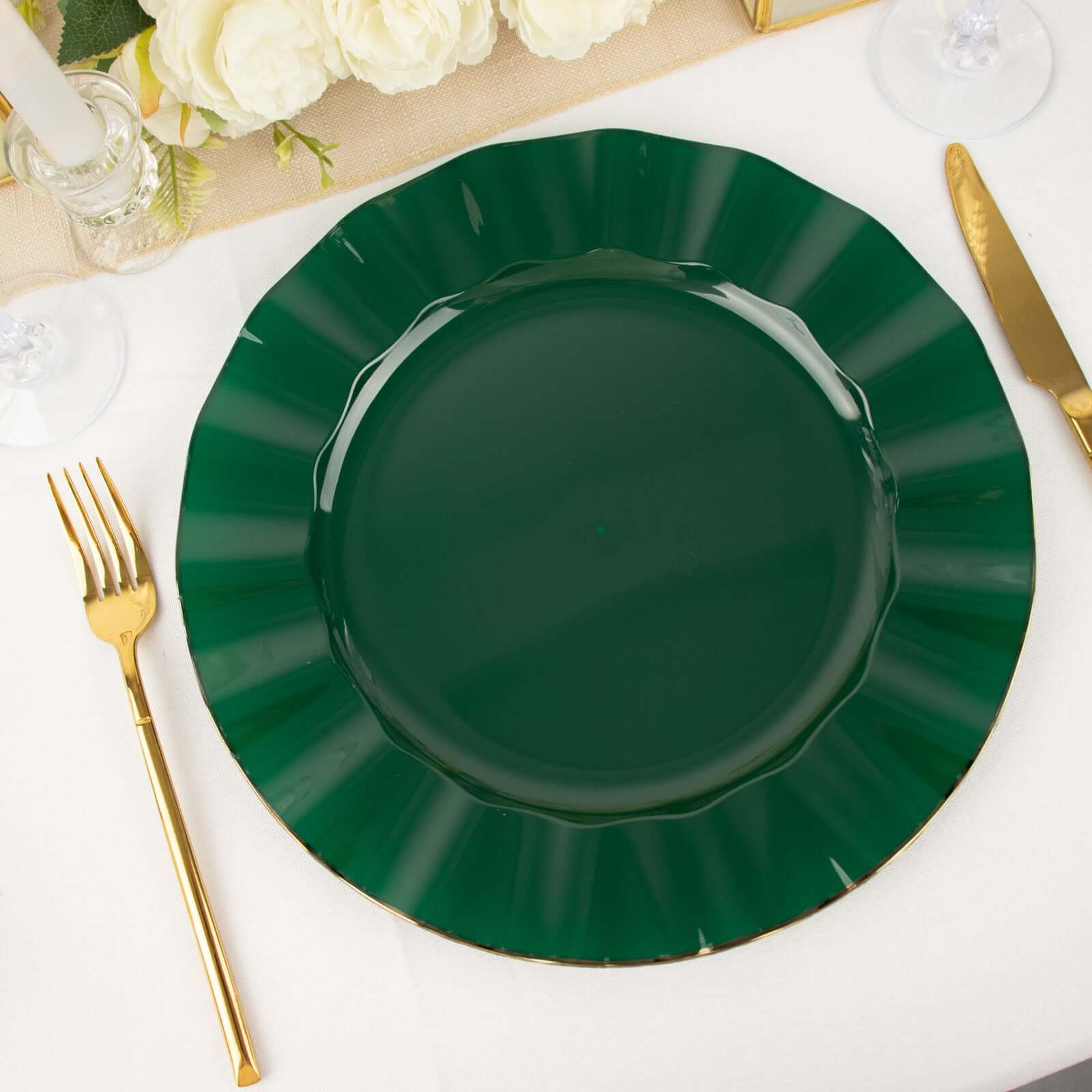 10-Pack Plastic 11" Round Dinner Plates in Hunter Emerald Green Ruffled Rim with Gold Edging - Sturdy Disposable Dinnerware