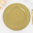 6-Pack Acrylic Plastic Round Charger Plates 13" in Gold with Dust Free Glitter Finish, Decorative Dinner Party Charger Tableware