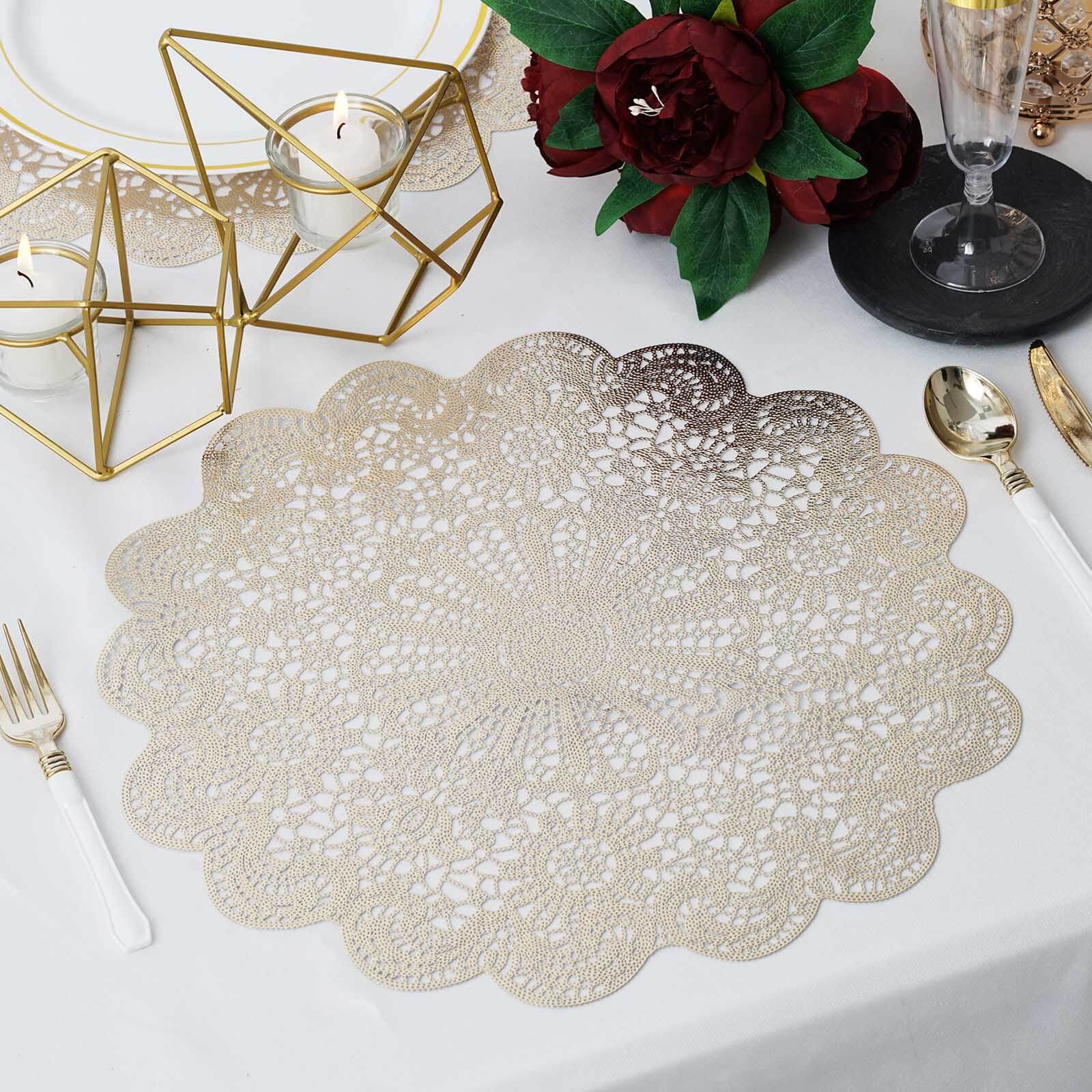6-Pack Dining Table Mats Floral Lace Design Gold - Vinyl Non-Slip Surface with Vintage Appeal 15"