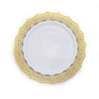 10-Pack Plastic 10" Round Dinner Plates in White with Gold Lace Rim - Disposable Party Plates for Classy Events & Banquets