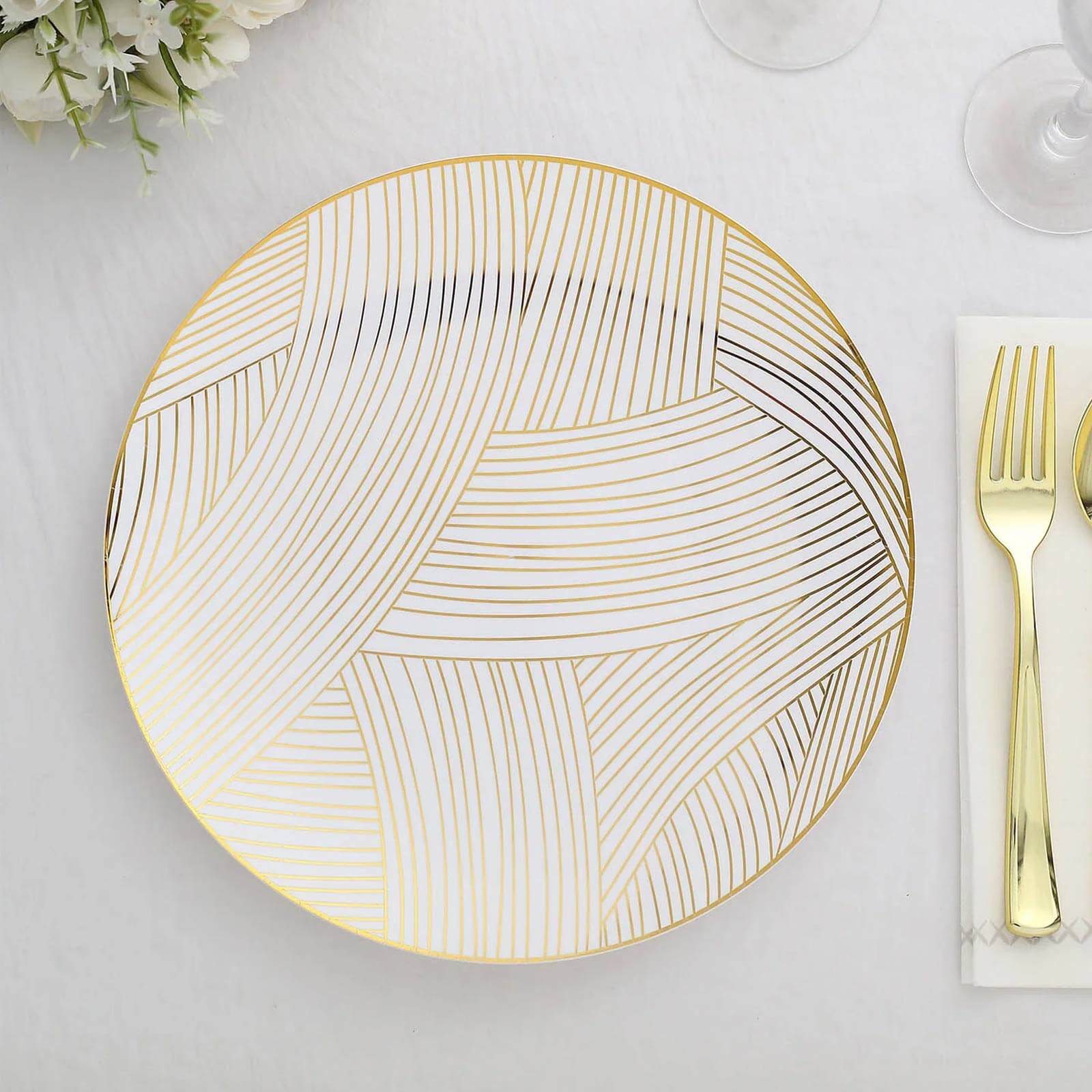 10-Pack Plastic 10" Round Dinner Plates in White with Gold Wave Brush Strokes Pattern - Disposable Party Plates for Modern & Classy Table Decor